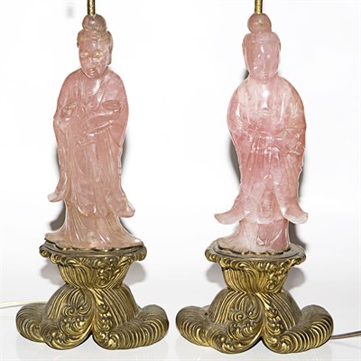Lot 230 - Pair of Chinese Rose Quartz Figures Each...
