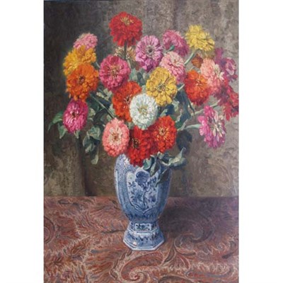 Lot 41 - Oswald Poreau Belgian, 1877-1955 Zinnias, 1938...