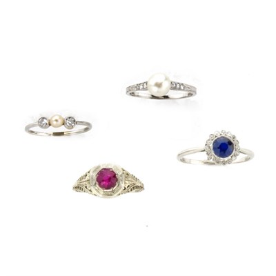 Lot 823 - Group of Four Platinum, White Gold, Pearl, Diamond and Synthetic Stone Rings