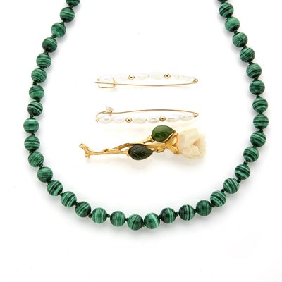 Lot 57 - Gold Wristwatch, Malachite Bead Necklace, Imitation Pearl Necklace and Assorted Items