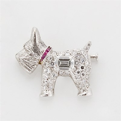 Lot 293 - White Gold, Diamond and Ruby Dog Pin