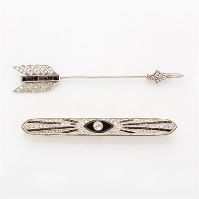 Lot 754 - Art Deco Black Onyx and Diamond Arrrow Jabot and Bar Brooch