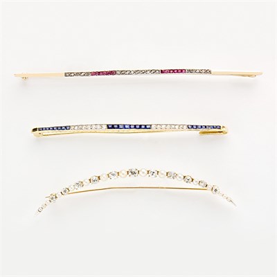 Lot 578 - Two Diamond and Colored-Stone Bar Pins and an Antique Pearl and Diamond Crescent Brooch