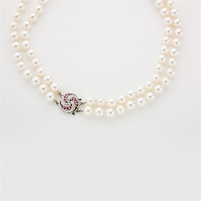 Lot 164 - Double Strand Cultured Pearl Necklace with Ruby and Diamond Clasp