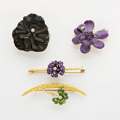 Lot 726 - Group of Seven Antique Gold and Enamel Flower Pins