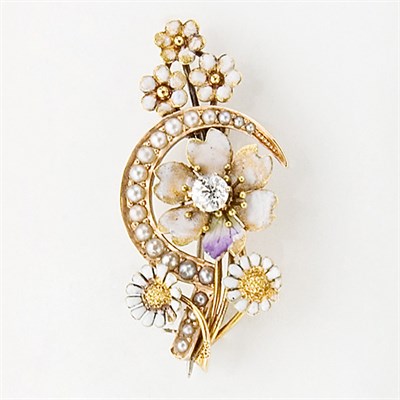 Lot 716 - Antique Gold, Enamel, Diamond and Split Pearl Flower Pin