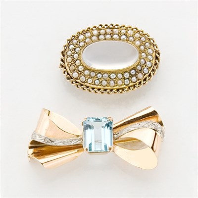Lot 879 - Gold and Aquamarine Bow Pin and Antique Moonstone and Split Pearl Brooch