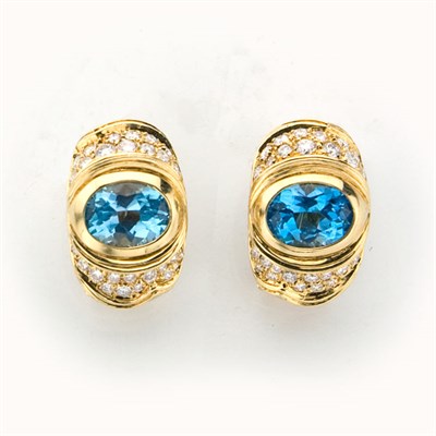 Lot 712 - Pair of Gold, Blue Topaz and Diamond Earclips, Marina B
