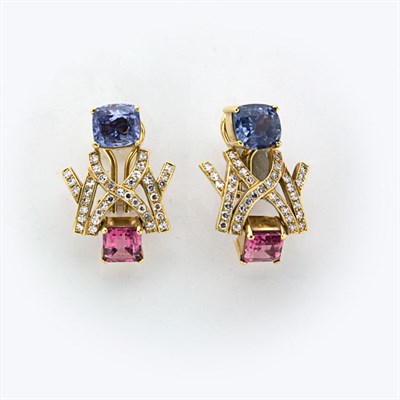 Lot 807 - Pair of Sapphire, Pink Tourmaline and Diamond Earrings
