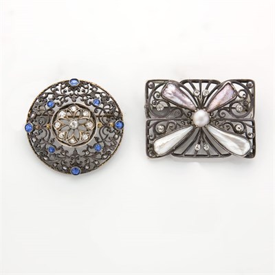 Lot 893 - Two Antique Diamond, Sapphire and Mississippi Pearl Brooches