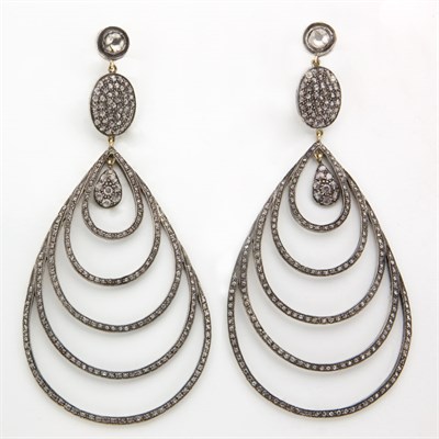 Lot 670 - Pair of Silver and Diamond Pendant-Earrings
