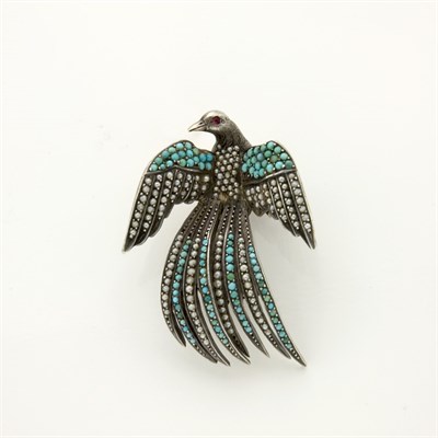 Lot 615 - Antique Silver, Gold, Turquoise and Split Pearl Bird Brooch