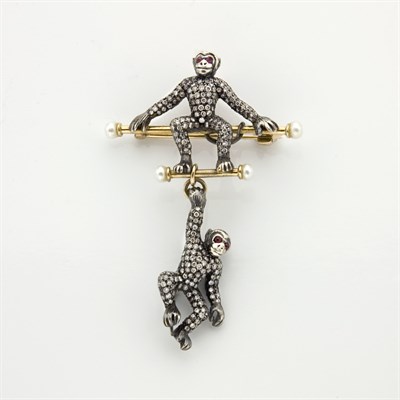 Lot 744 - Gold, Silver, Diamond and Cultured Pearl Monkey Pendant-Brooch