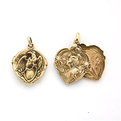 Lot 774 - Art Nouveau Gold and Diamond Locket and Eagle Pendant