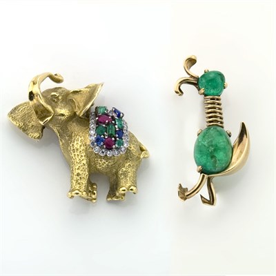 Lot 735 - Gold, Colored-Stone and Diamond Elephant Pendant and Gold and Cabochon Emerald Duck Brooch