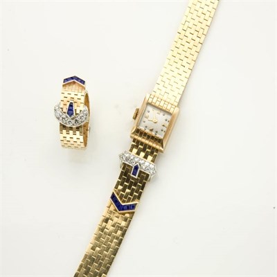 Lot 616 - Gold, Sapphire and Diamond Buckle Wristwatch and Band Ring