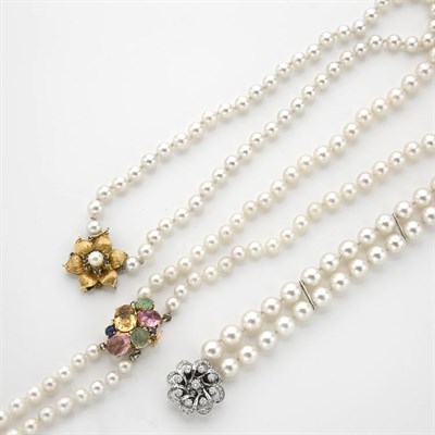 Lot 546 - Group of Cultured Pearl Jewelry with Diamond and Colored-Stone Clasps