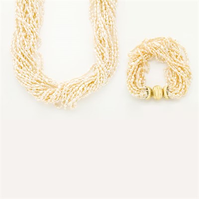 Lot 589 - Multi-Strand Freshwater Pearl Torsade Necklace and Bracelet