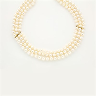 Lot 598 - Triple Strand Cultured Pearl Necklace with Gold Clasp