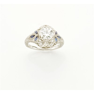 Lot 289 - Platinum, Diamond and Synthetic Sapphire Ring