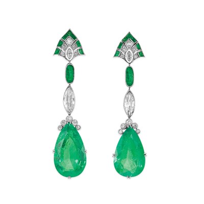 Lot 523 - Pair of Platinum, Emerald and Diamond Pendant-Earrings
