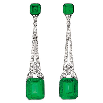 Lot 194 - Pair of Art Deco Platinum, Simulated Emerald and Diamond Pendant-Earclips