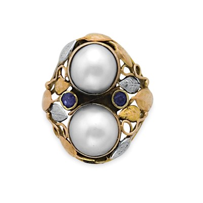Lot 243 - Arts and Crafts Gold, Platinum, Pearl and Sapphire Ring