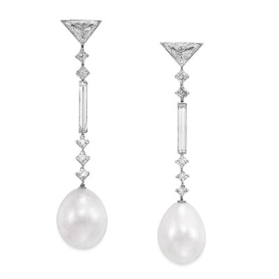 Lot 546 - Pair of Art Deco Platinum, Diamond and Natural Pearl Pendant-Earclips