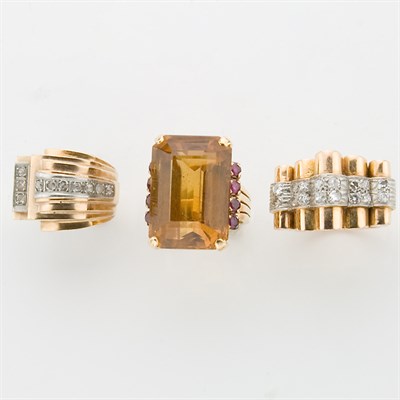 Lot 766 - Group of Three Retro Gold, Diamond and Gem-Set Rings