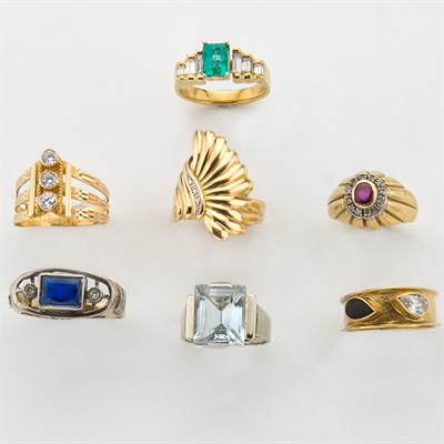 Lot 765 - Group of Seven Gold, Gem-Set, Diamond and Simulated Diamond Rings