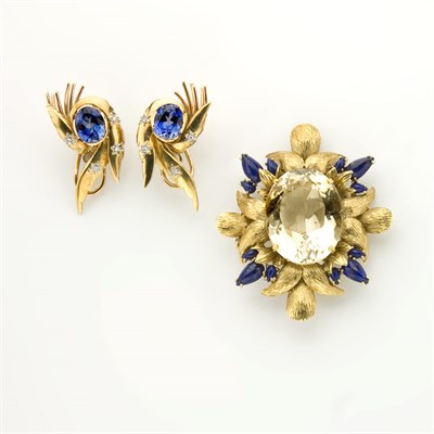 Lot 596 - Pair of Gold, Sapphire and Diamond Earclips and Gold, Citrine and Lapis Brooch
