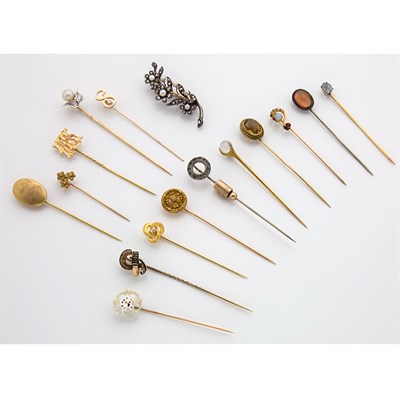 Lot 221 - Antique Pearl and Diamond Flower Brooch and Group of Gold and Metal Stick Pins, Lingerie Pins and Fragments