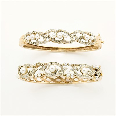 Lot 228 - Two Gold, Diamond and Cultured Pearl Bangle Bracelets