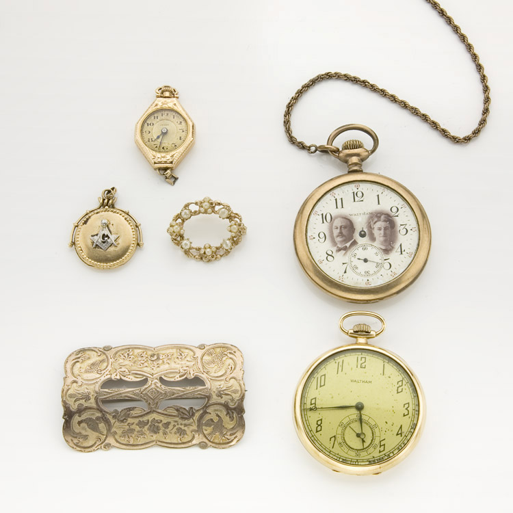 Lot 52 - Assorted Group of Gold and Metal Jewelry and Coins and Pocket Watches