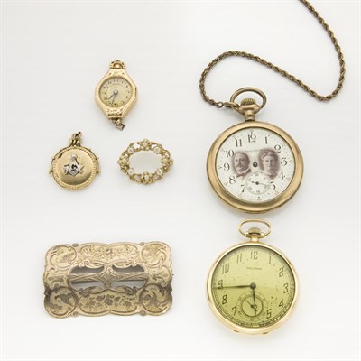 Lot 52 - Assorted Group of Gold and Metal Jewelry and Coins and Pocket Watches