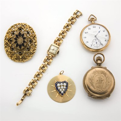 Lot 119 - Assorted Group of Gold and Metal Jewelry, Rings, Pocket Watches and Coins