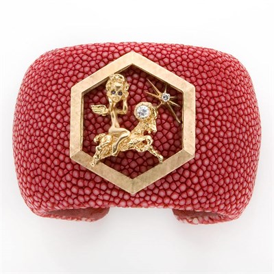 Lot 249 - Pink Shagreen, Gold, Diamond and Sapphire Cuff Bangle Bracelet
