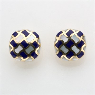 Lot 747 - Pair of Gold, Lapis and Mother-of-Pearl Earrings