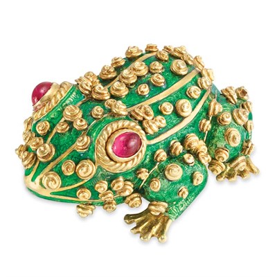Lot 425 - Gold, Green Enamel and Cabochon Ruby Frog Clip-Brooch, David Webb