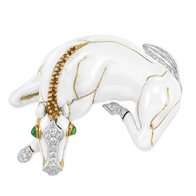 Lot 430 - Gold, Platinum, White Enamel, Diamond and Emerald Horse Clip-Brooch, David Webb