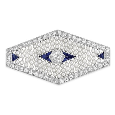Lot 246 - Edwardian Platinum, Seed Pearl, Diamond and Synthetic Sapphire Brooch