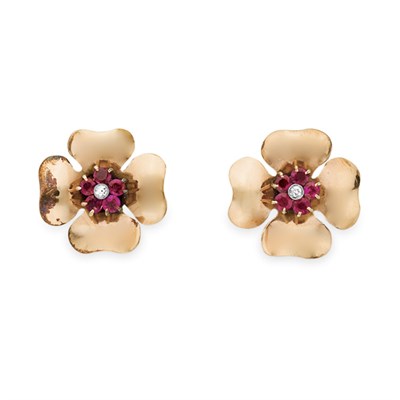Lot 202 - Pair of Rose Gold, Ruby and Diamond Flower Earclips