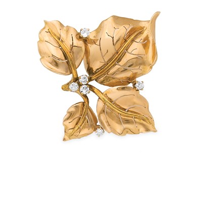 Lot 204 - Gold and Diamond Leaf Clip-Brooch
