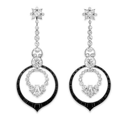 Lot 541 - Pair of Art Deco Diamond and Black Onyx Pendant-Earclips