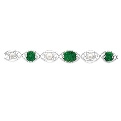 Lot 245 - Platinum, Gold, Carved Jade, Freshwater Button Pearl and Diamond Bracelet