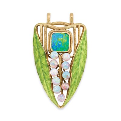 Lot 492 - Art Nouveau Double Sided Gold, Black Opal, Opal and Enamel Leaf Pendant, Tiffany & Co., by Louis Comfort Tiffany