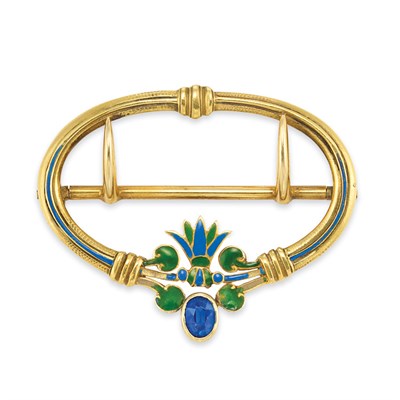 Lot 483 - Art and Crafts Gold, Sapphire and Enamel Buckle, Tiffany & Co.