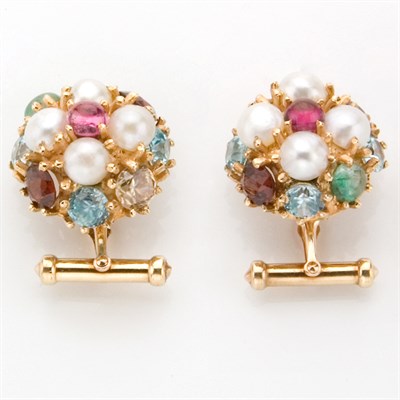 Lot 634 - Pair of Gold, Mabe Pearl and Colored-Stone Cufflinks
