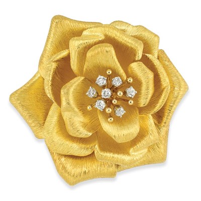Lot 434 - Gold and Diamond Flower Clip-Brooch, David Webb