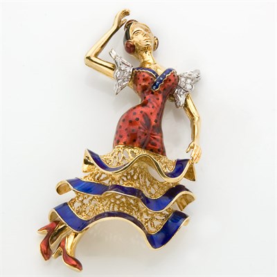 Lot 294 - Gold, Enamel and Diamond Flamenco Dancer Clip-Brooch